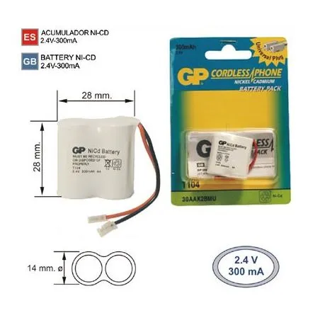 Bateria Telefone sem fio T104 2.4 V 300mAh
