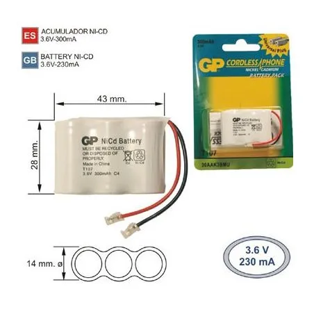 Bateria Telefone sem fio T107 3.6 V 300mAh
