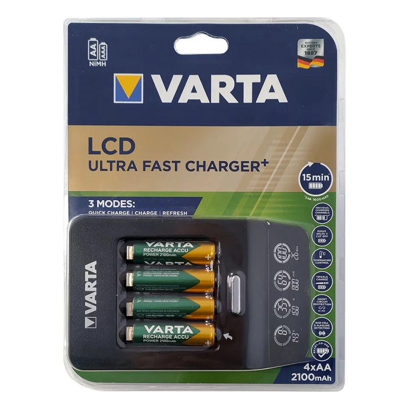 Carregador ultrarrápido Varta LCD para pilhas recarregáveis ​​AA, AAA Ni-Mh com 4 pilhas AA 2100mAh