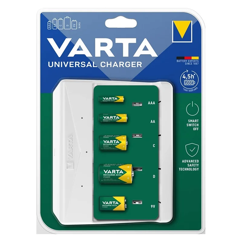 Carregador universal Varta para pilhas recarregáveis ​​AAA, AA, C, D, 9V Ni-Mh